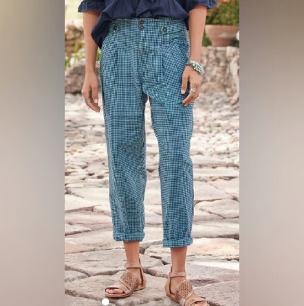 Sundance Vie De Reve Gingham Crop Pants Size 14 Linen Cotton Preppy Cottagecore